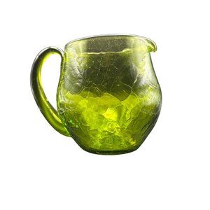 Vtg Blenko Green Crackle Glass Hand Blown Squat Pitcher Applied Handle And Spout